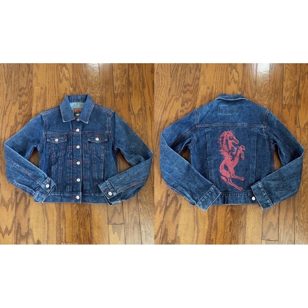 Crest Denim Jacket Womens Small Blue Red Stitch Horse Graphic‎ Y2K Moto